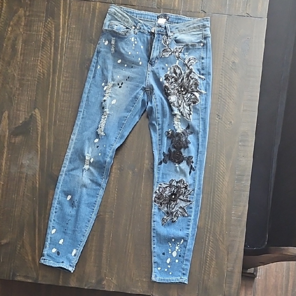 VENUS Blue Skinny Jeans with Artistic Distressing